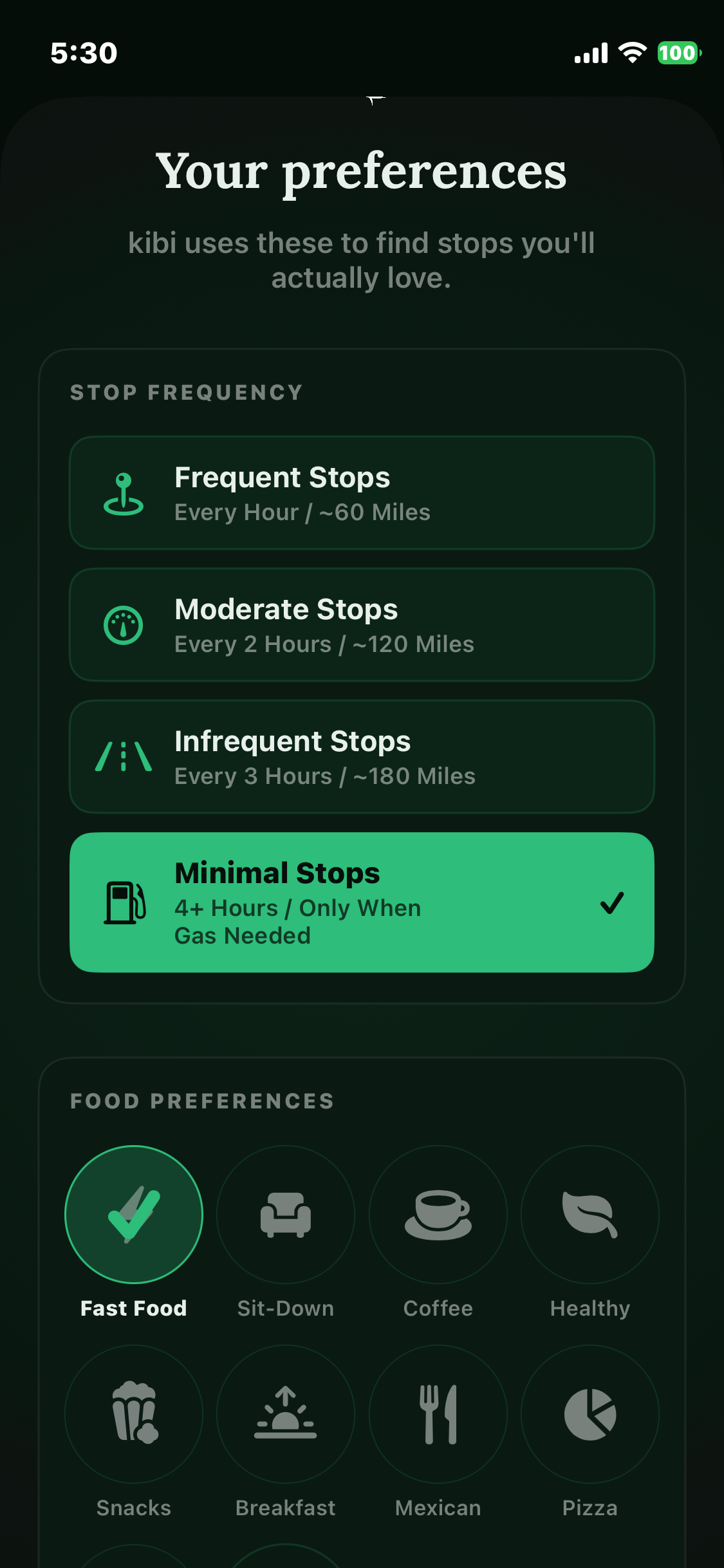 Kibi preferences screen