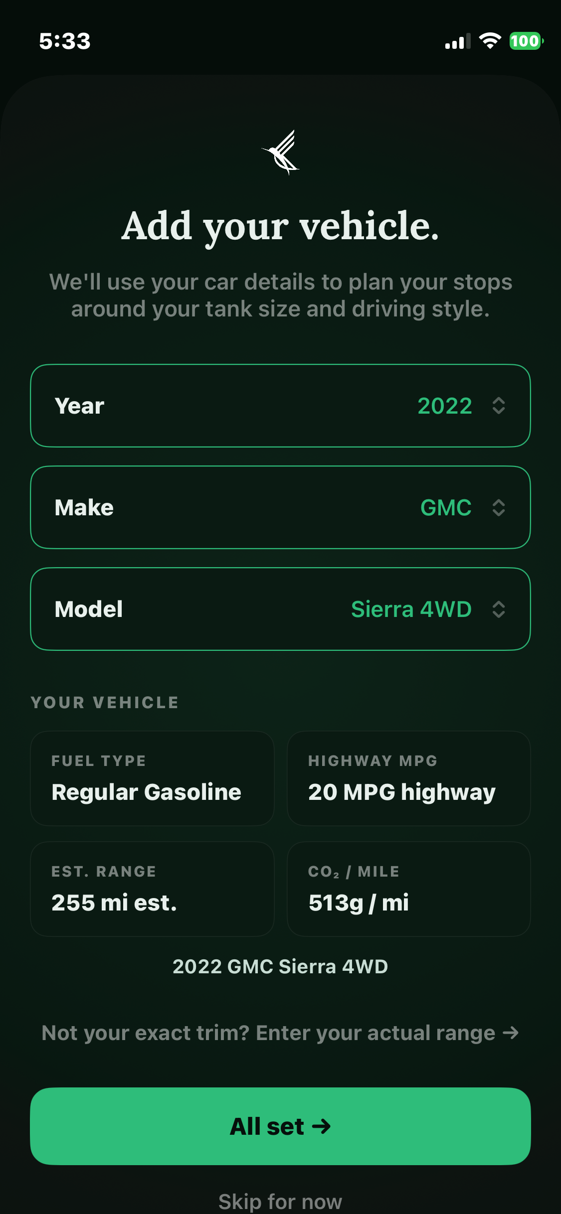 Kibi vehicle setup screen